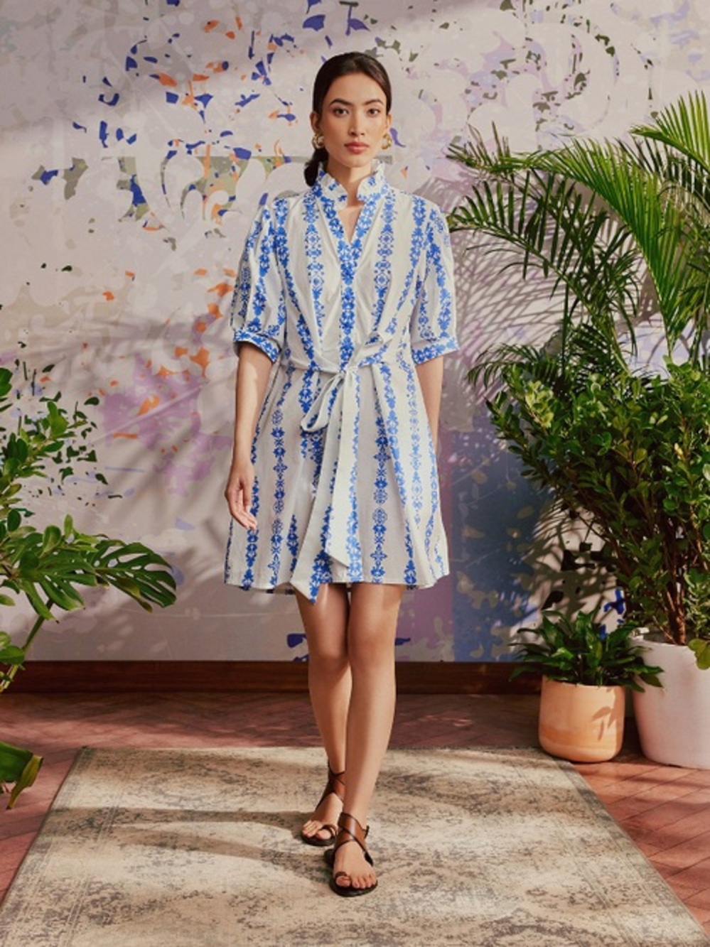 NWT! Verandah Hand Draped Blue & White Mini Shirt Dress | Size M